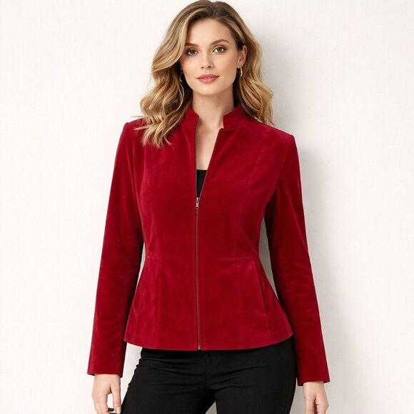 Talbots Jackets & Blazers - Talbots Jacket Womens Petite Medium Red Corduroy Stretch Zip Front Mock Neck
